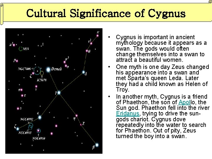 Cultural Significance of Cygnus • Cygnus is important in ancient mythology because it appears