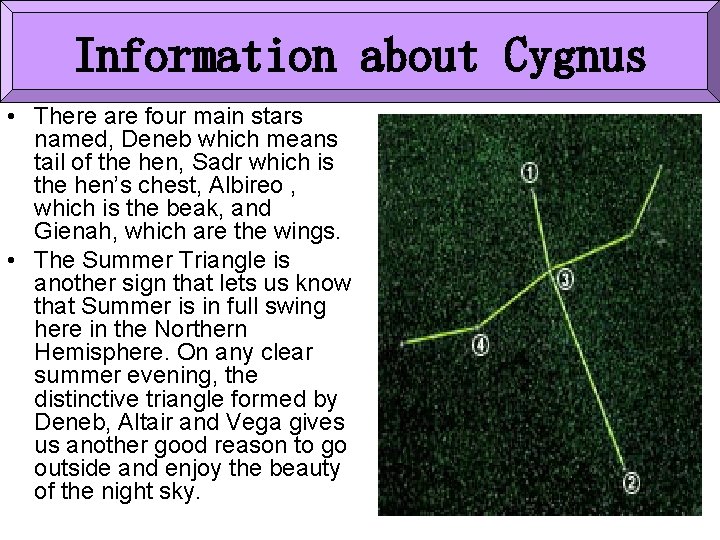 Information about Cygnus • There are four main stars named, Deneb which means tail