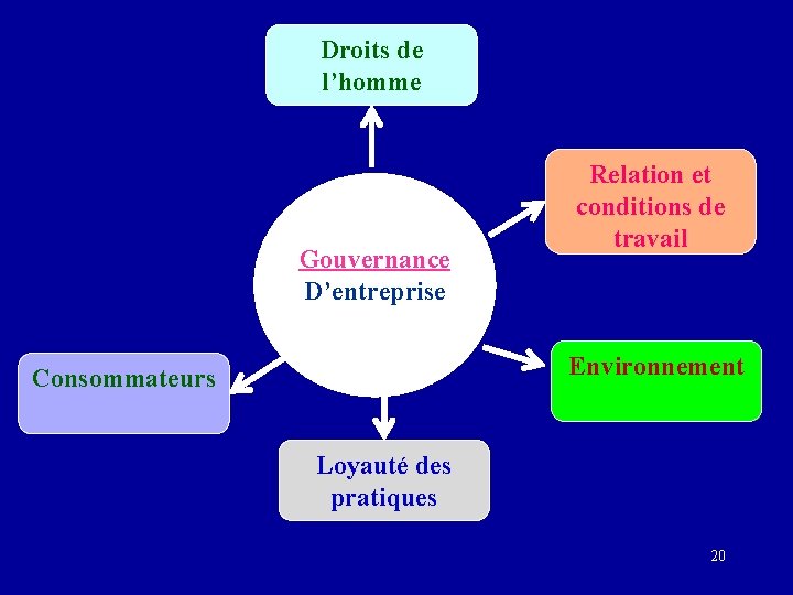 Droits de l’homme Gouvernance D’entreprise Relation et conditions de travail Environnement Consommateurs Loyauté des