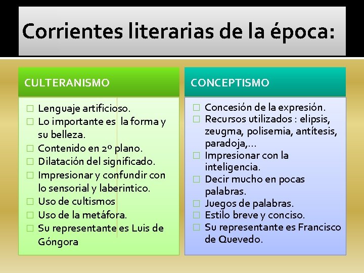 Corrientes literarias de la época: CULTERANISMO � � � � Lenguaje artificioso. Lo importante