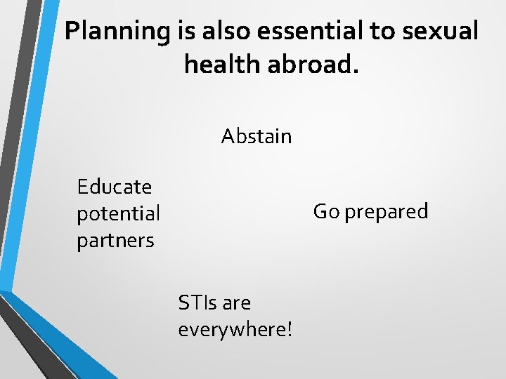 Planning is also essential to sexual health abroad. Abstain Educate potential partners Go prepared