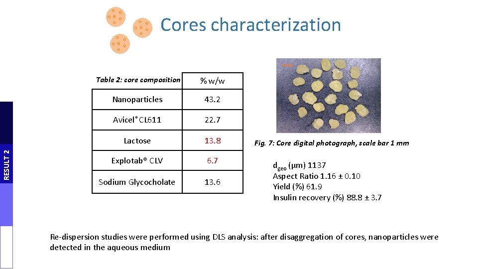 Cores characterization RESULT 2 Table 2: core composition % w/w Nanoparticles 43. 2 Avicel®