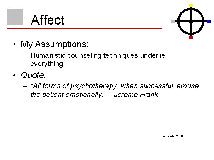 Affect • My Assumptions: – Humanistic counseling techniques underlie everything! • Quote: – “All