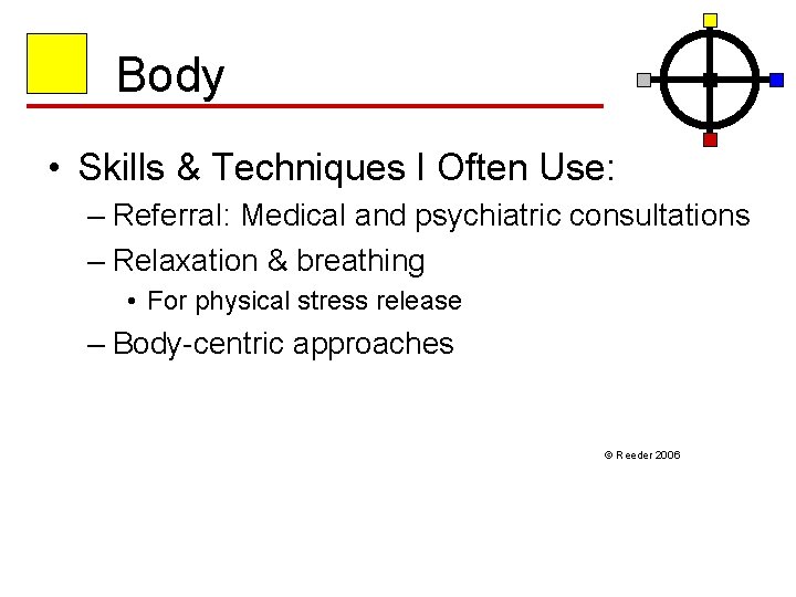 Body • Skills & Techniques I Often Use: – Referral: Medical and psychiatric consultations