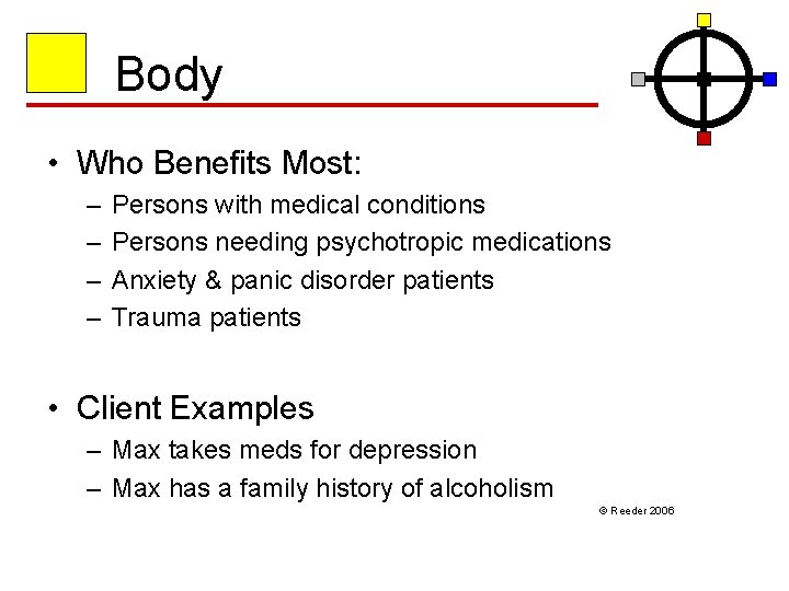 Body • Who Benefits Most: – – Persons with medical conditions Persons needing psychotropic