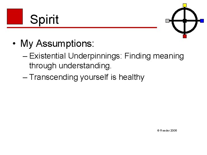 Spirit • My Assumptions: – Existential Underpinnings: Finding meaning through understanding. – Transcending yourself