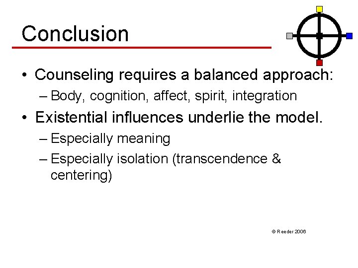 Conclusion • Counseling requires a balanced approach: – Body, cognition, affect, spirit, integration •