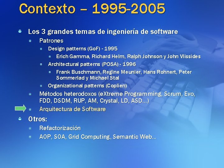 Contexto – 1995 -2005 Los 3 grandes temas de ingeniería de software Patrones Design