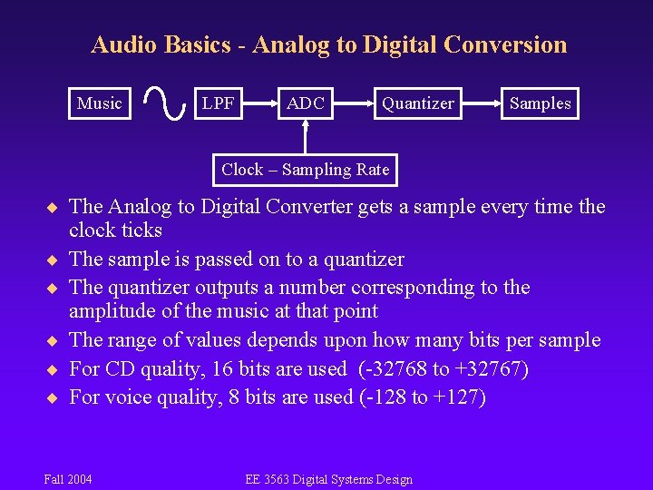 Audio Basics - Analog to Digital Conversion Music LPF ADC Quantizer Samples Clock –