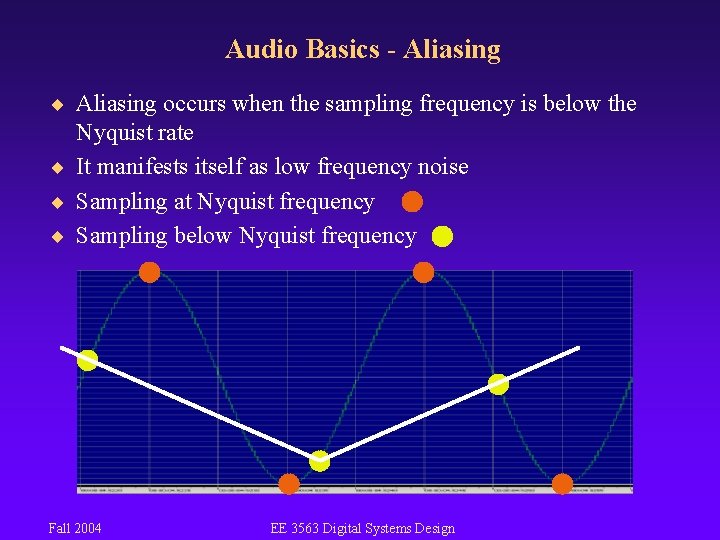 Audio Basics - Aliasing ¨ Aliasing occurs when the sampling frequency is below the