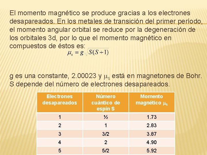 El momento magnético se produce gracias a los electrones desapareados. En los metales de