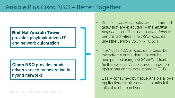 Ansible Plus Cisco NSO – Better Together • Ansible uses Playbooks to define named