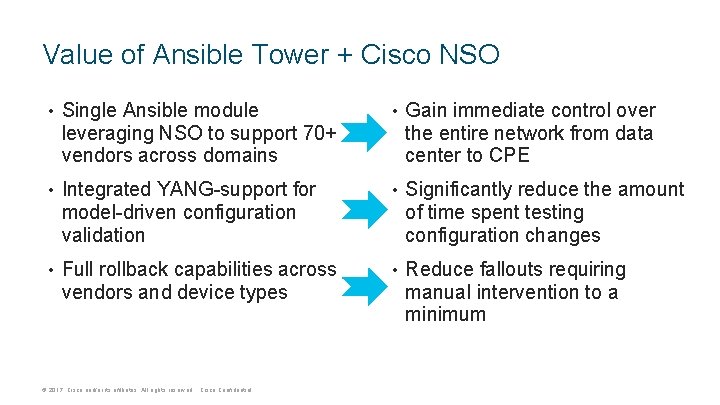 Value of Ansible Tower + Cisco NSO • Single Ansible module leveraging NSO to