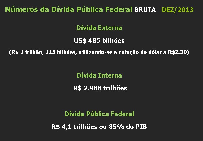 Números da Dívida Pública Federal BRUTA DEZ/2013 Dívida Externa US$ 485 bilhões (R$ 1