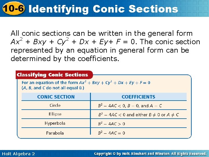 10 -6 Identifying Conic Sections All conic sections can be written in the general