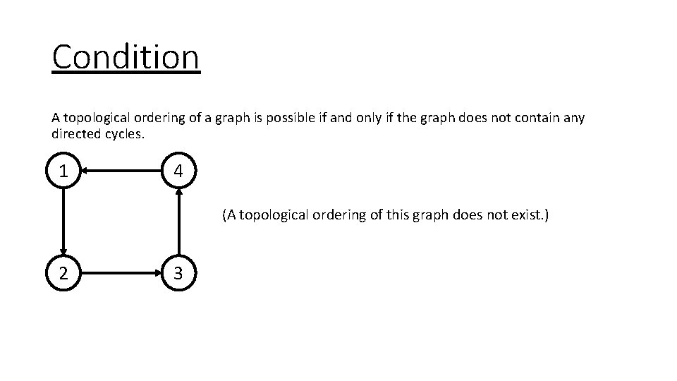 Condition A topological ordering of a graph is possible if and only if the