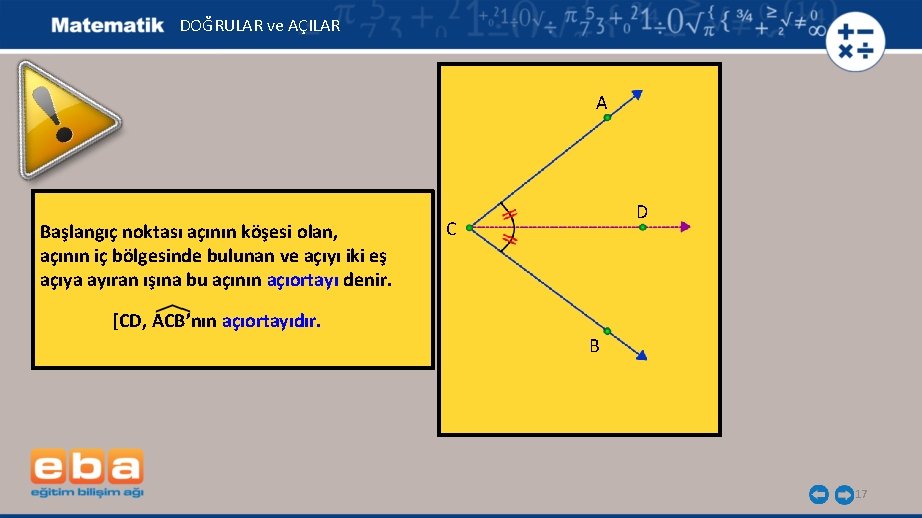 DOĞRULAR ve AÇILAR A Başlangıç noktası açının köşesi olan, açının iç bölgesinde bulunan ve