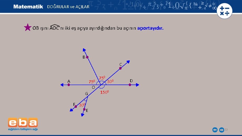 DOĞRULAR ve AÇILAR OB ışını AOC’nı iki eş açıya ayırdığından bu açının açıortayıdır. B