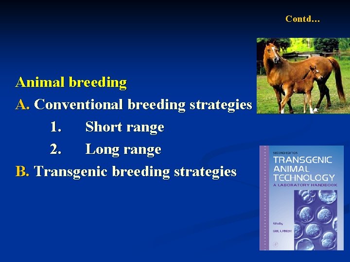 Contd… Animal breeding A. Conventional breeding strategies 1. Short range 2. Long range B.