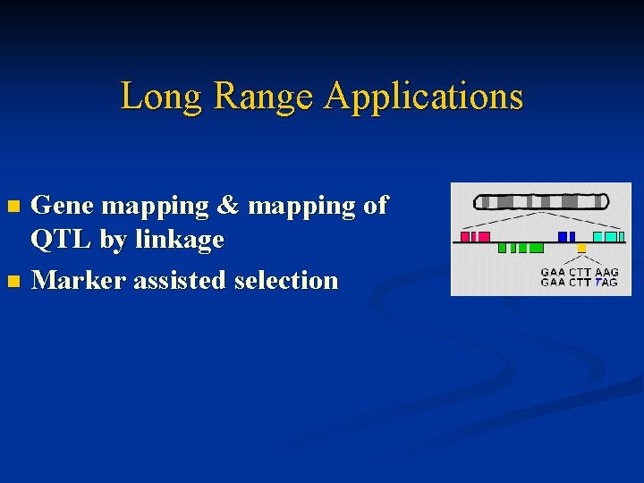 Long Range Applications Gene mapping & mapping of QTL by linkage n Marker assisted