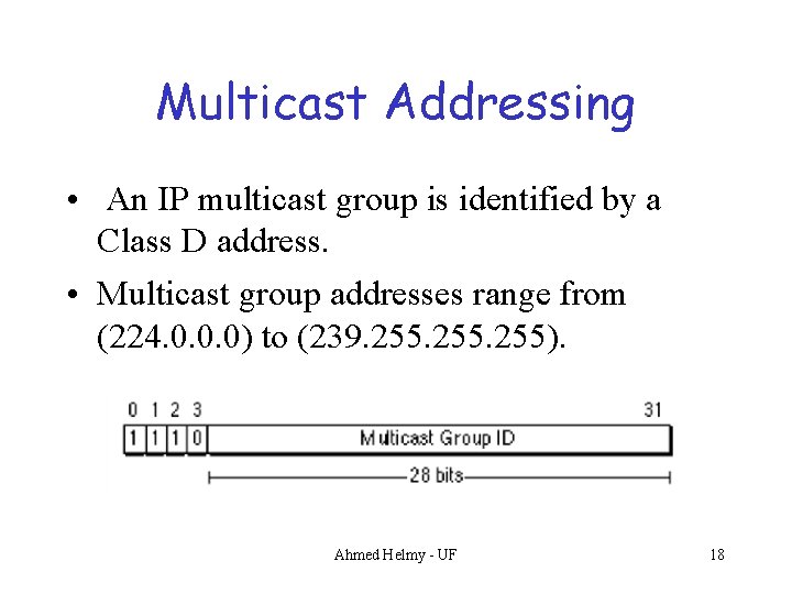 Multicast Addressing • An IP multicast group is identified by a Class D address.