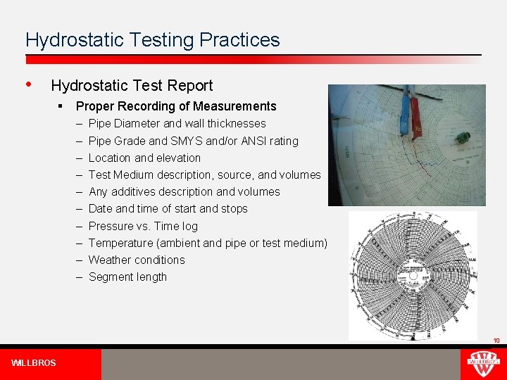 Hydrostatic Testing Practices • Hydrostatic Test Report § Proper Recording of Measurements – –