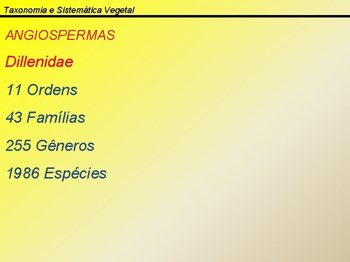 Taxonomia e Sistemática Vegetal ANGIOSPERMAS Dillenidae 11 Ordens 43 Famílias 255 Gêneros 1986 Espécies