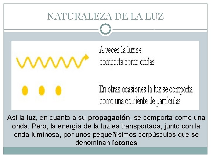 NATURALEZA DE LA LUZ Así la luz, en cuanto a su propagación, se comporta