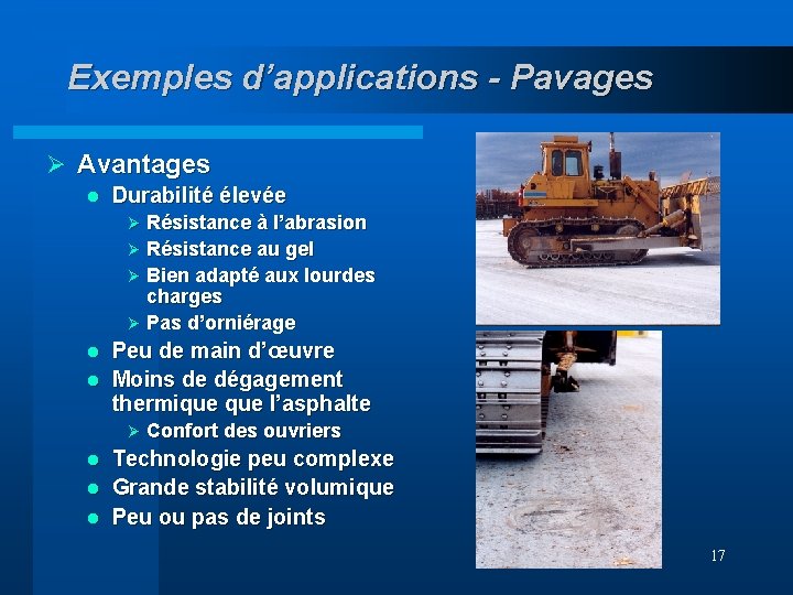 Exemples d’applications - Pavages Ø Avantages l Durabilité élevée Ø Ø Résistance à l’abrasion