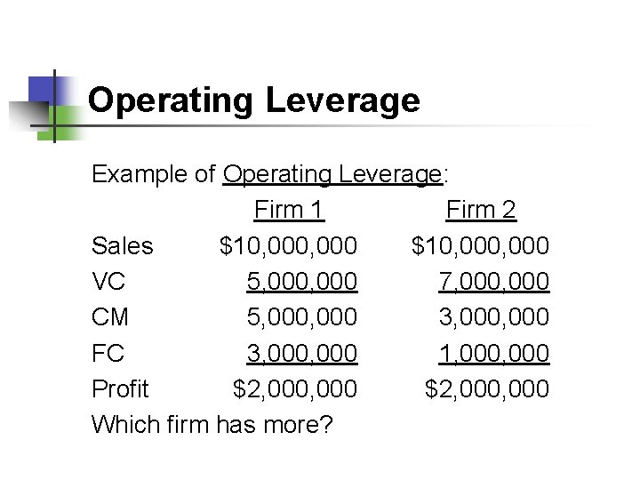 Operating Leverage Example of Operating Leverage: Firm 1 Firm 2 Sales $10, 000, 000