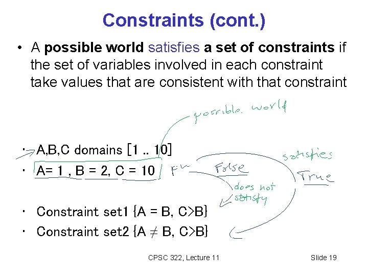 Constraints (cont. ) • A possible world satisfies a set of constraints if the