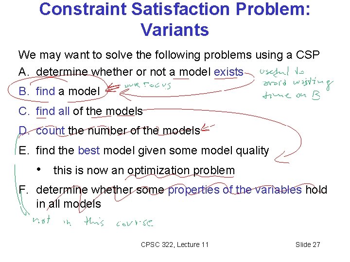 Constraint Satisfaction Problem: Variants We may want to solve the following problems using a