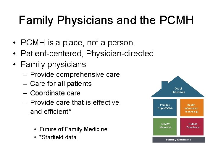 Family Physicians and the PCMH • PCMH is a place, not a person. •