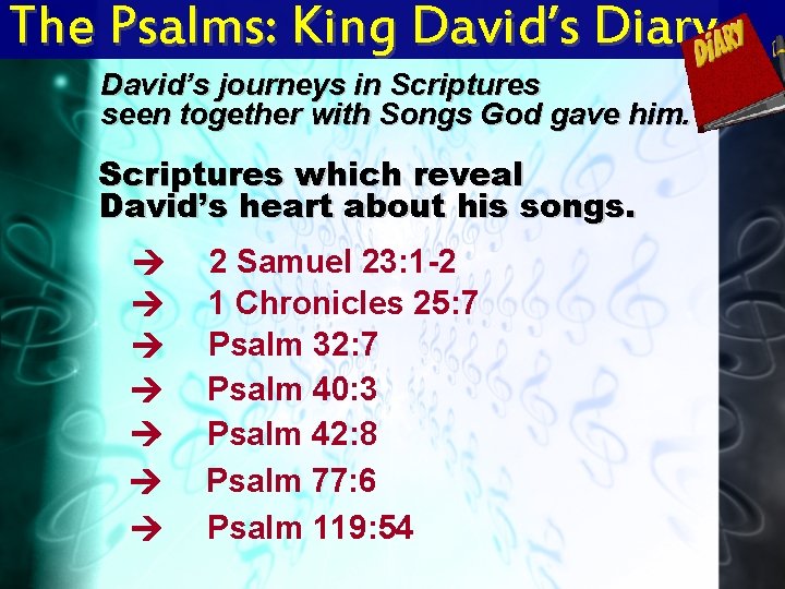 The Psalms: King David’s Diary David’s journeys in Scriptures seen together with Songs God