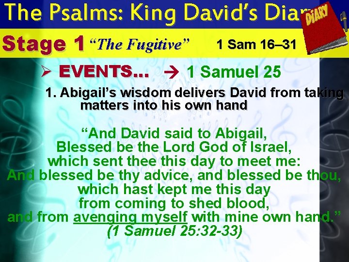 The Psalms: King David’s Diary Stage 1 “The Fugitive” 1 Sam 16– 31 Ø