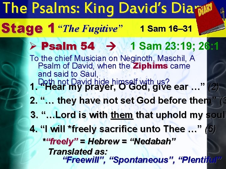 The Psalms: King David’s Diary Stage 1 “The Fugitive” Ø Psalm 54 1 Sam