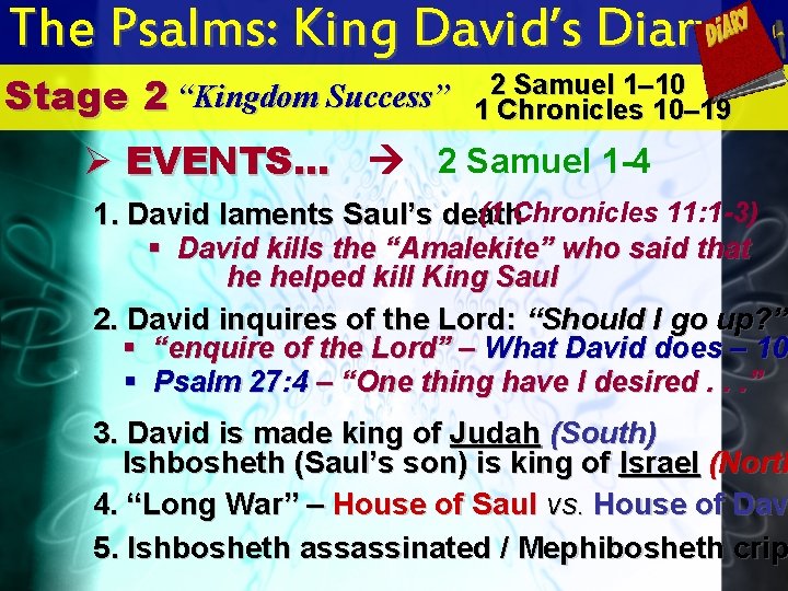 The Psalms: King David’s Diary Stage 2 Samuel 1– 10 “Kingdom Success” 2 1