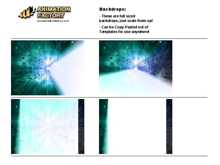 Backdrops: www. animationfactory. com - These are full sized backdrops, just scale them up!