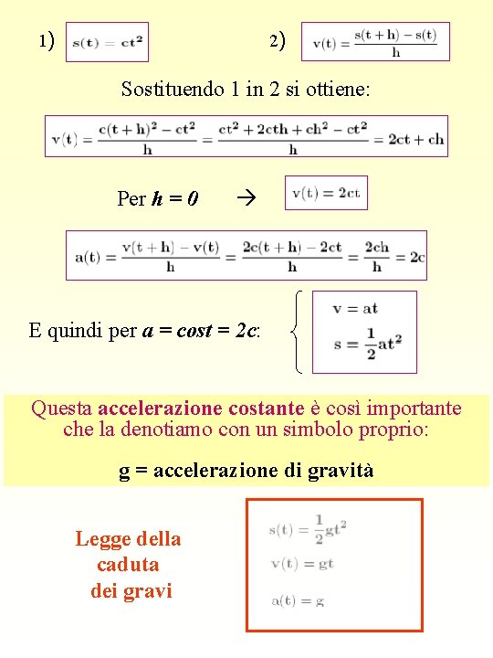 1) 2) Sostituendo 1 in 2 si ottiene: Per h = 0 E quindi