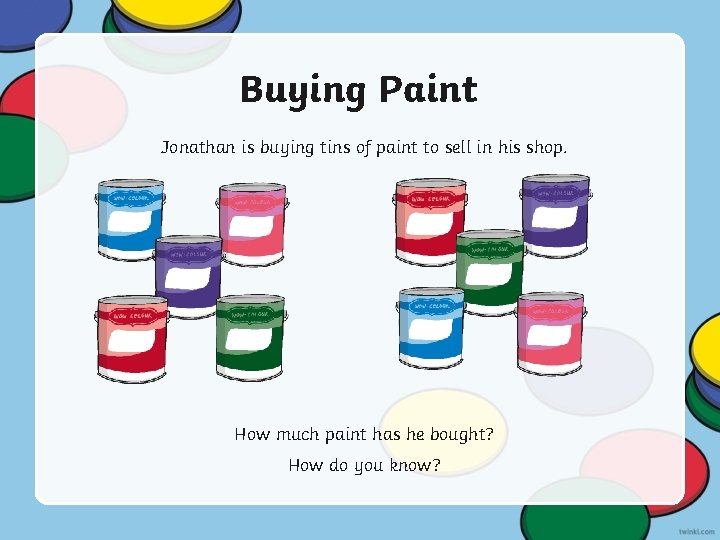 Buying Paint Jonathan is buying tins of paint to sell in his shop. How