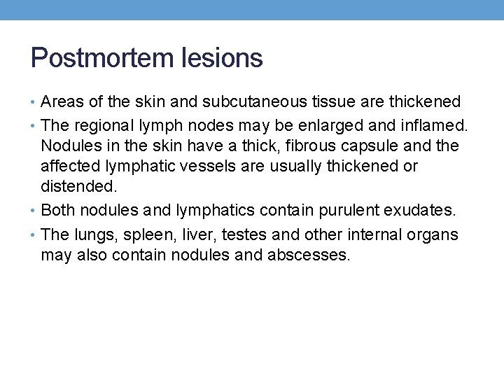 Postmortem lesions • Areas of the skin and subcutaneous tissue are thickened • The