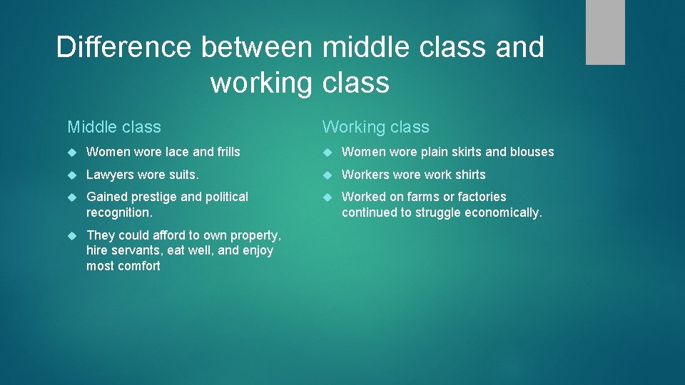 Difference between middle class and working class Middle class Working class Women wore lace