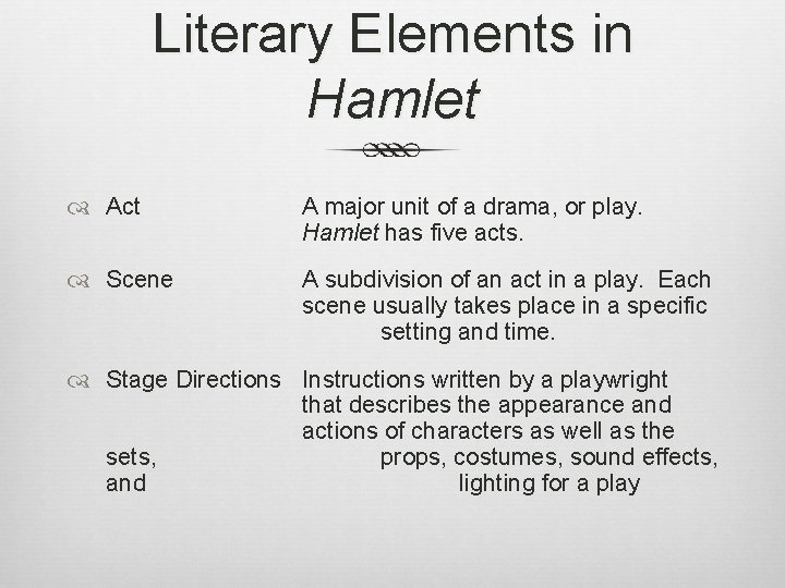 Literary Elements in Hamlet Act A major unit of a drama, or play. Hamlet