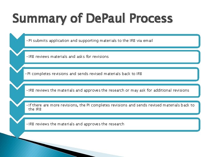 Summary of De. Paul Process • PI submits application and supporting materials to the