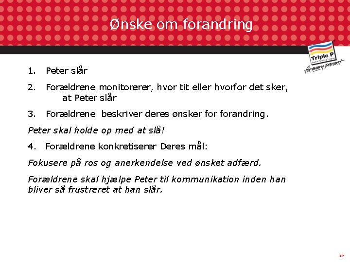 Ønske om forandring 1. Peter slår 2. Forældrene monitorerer, hvor tit eller hvorfor det