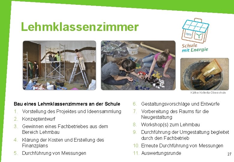 Lehmklassenzimmer Käthe-Kollwitz-Oberschule Bau eines Lehmklassenzimmers an der Schule 6. Gestaltungsvorschläge und Entwürfe 1. Vorstellung