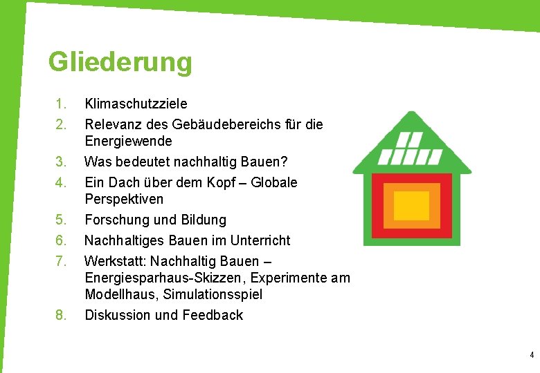 Gliederung 1. 2. 3. 4. 5. 6. 7. 8. Klimaschutzziele Relevanz des Gebäudebereichs für