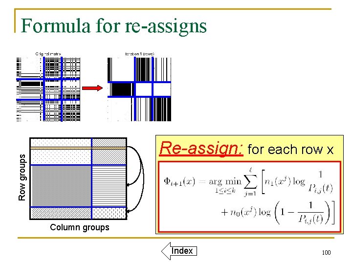 Formula for re-assigns Row groups Re-assign: for each row x Column groups Index 100