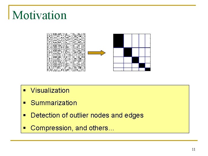 Motivation § Visualization § Summarization § Detection of outlier nodes and edges § Compression,