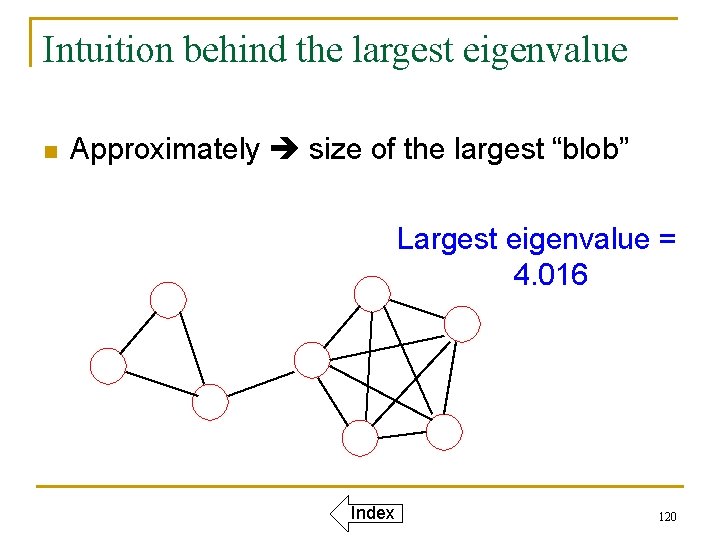 Intuition behind the largest eigenvalue n Approximately size of the largest “blob” Largest eigenvalue